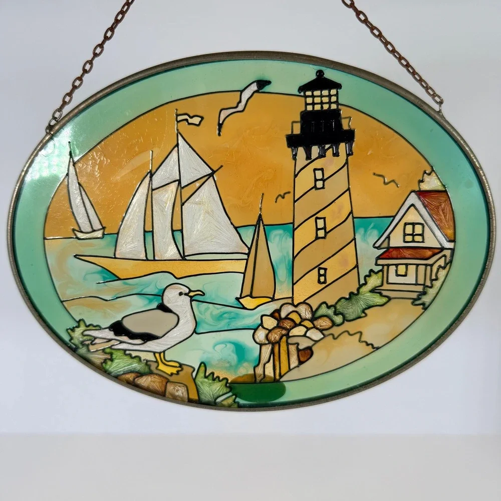 Handpainted Stained Glass‎ Oval Sun Catcher Lighthouse Sailboats Seagull Coastal